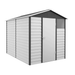 Image of a 9 by 6 foot white metal garden shed with attractive panelling and an apex roof 