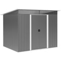 Grey 9x6ft Outsunny metal garden shed with a pent roof and closed double sliding doors, front three-quarter view