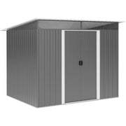 Angled studio view of the grey metal shed showing the stepped pent roof and the 2 clear panels above the doors