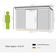 Dimension diagram of the 9x6ft shed: 2.6 x 1.94m overall, 2m to 1.79m high, 2.47 x 1.83m floor, 0.94 x 1.73m doorway