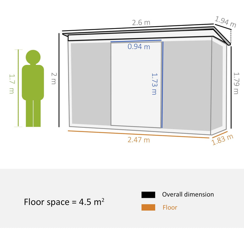 Dimension diagram of the 9x6ft shed: 2.6 x 1.94m overall, 2m to 1.79m high, 2.47 x 1.83m floor, 0.94 x 1.73m doorway