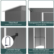 Four panels showing the tilted pent roof, the transparent PC board window, the padlock-ready catch and the double sliding doors
