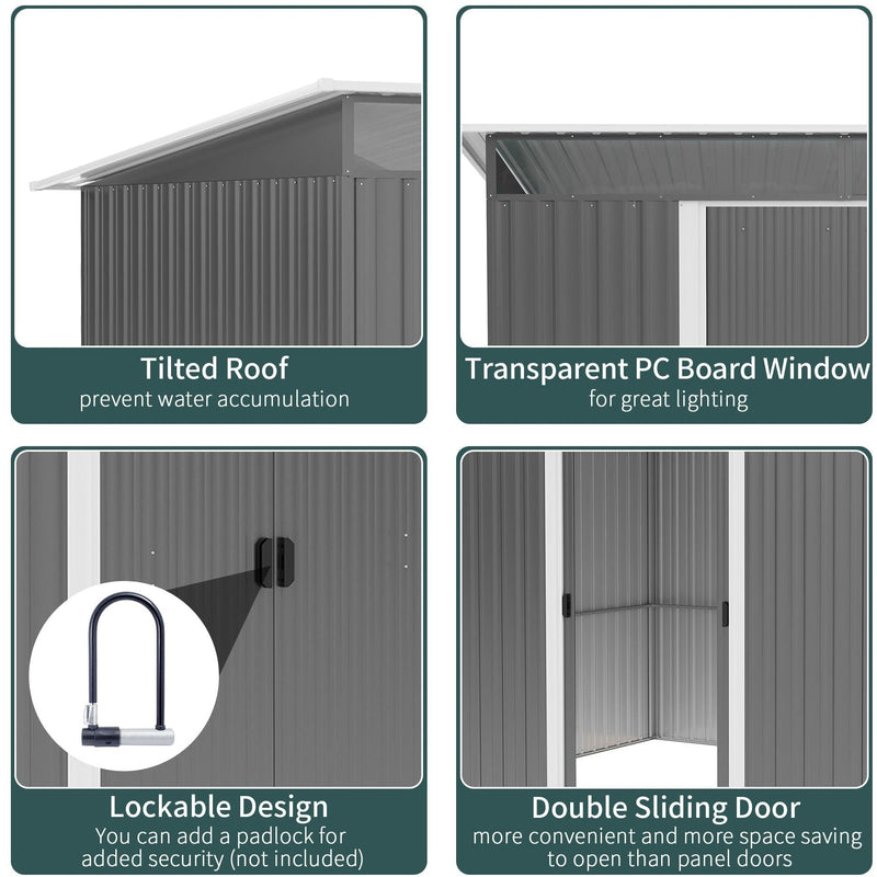 Four panels showing the tilted pent roof, the transparent PC board window, the padlock-ready catch and the double sliding doors