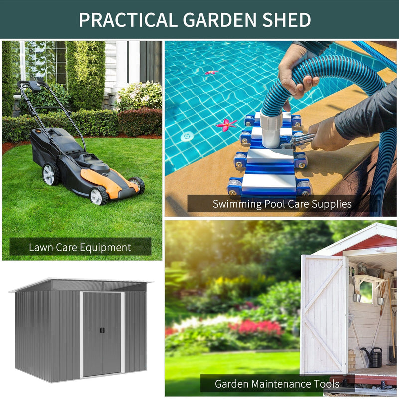 Collage of lawn care equipment, pool care supplies and garden maintenance tools the shed can store