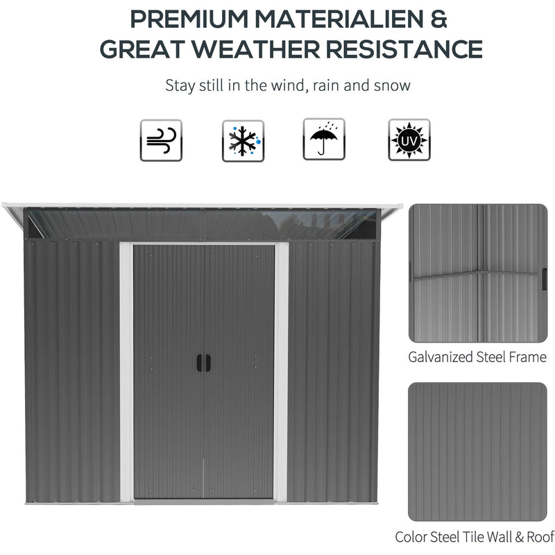 Weather resistance panel with wind, snow, rain and sun icons, plus galvanised steel frame and colour steel wall swatches