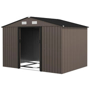 Brown metal shed with a dark apex roof, doors parted to show the empty interior