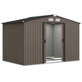 Plain brown 9x6ft Outsunny metal garden shed with apex roof and sliding doors part open