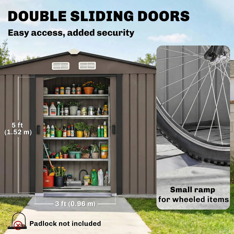 Double sliding doors open on the brown shed, 96 cm wide opening with a low threshold ramp