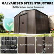Close-ups of the ribbed brown steel panels showing rust, rain and snow protection
