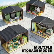 Three brown metal sheds holding wheelie bins, garden tools and sports gear side by side