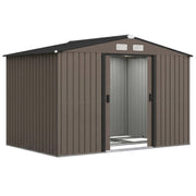 Angled studio view of the brown shed with the steel base frame visible between the doors
