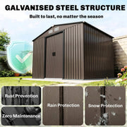 9x6ft Windowless Metal Garden Storage Shed With Foundation Kit & Apex Roof, Brown 