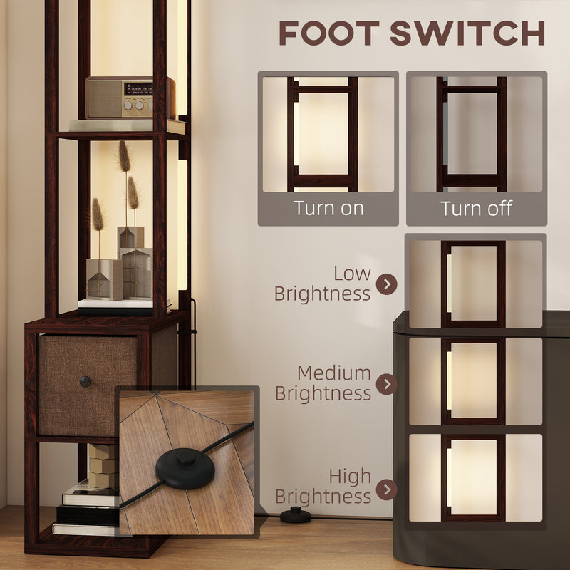 LED Floor Lamp with Storage Shelves and Fabric Drawer for Living Room or Bedroom Dark Brown