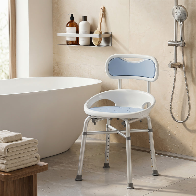 Shower Stool with Height Adjustment and Non Slip Feet for Safe Bathing White Blue