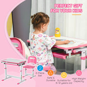 Adjustable Kids Desk and Chair Set with Storage Drawer and Hook for Study Time, Pink