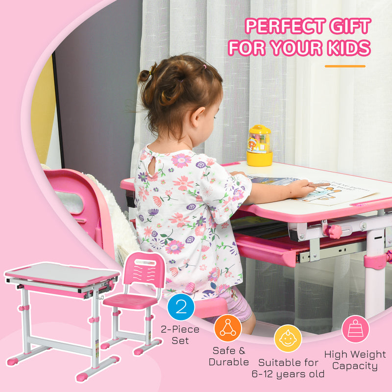 Adjustable Kids Desk and Chair Set with Storage Drawer and Hook for Study Time, Pink