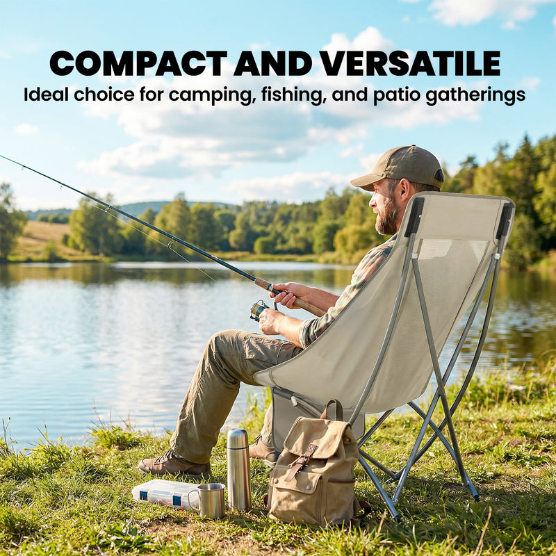 Folding Camping Chair with Instant Setup and Side Pocket for Outdoor Comfort Khaki Grey