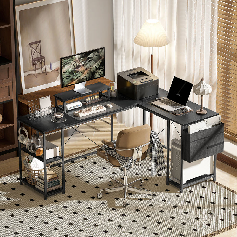Black L Shaped Corner Desk 168cm with Adjustable Shelf and Storage for Two People by HOMCOM