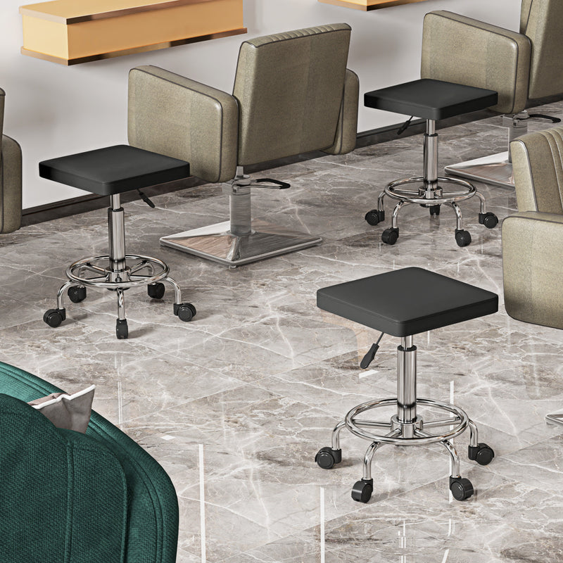 Black Adjustable PU Leather Rolling Stool with Wheels by HOMCOM