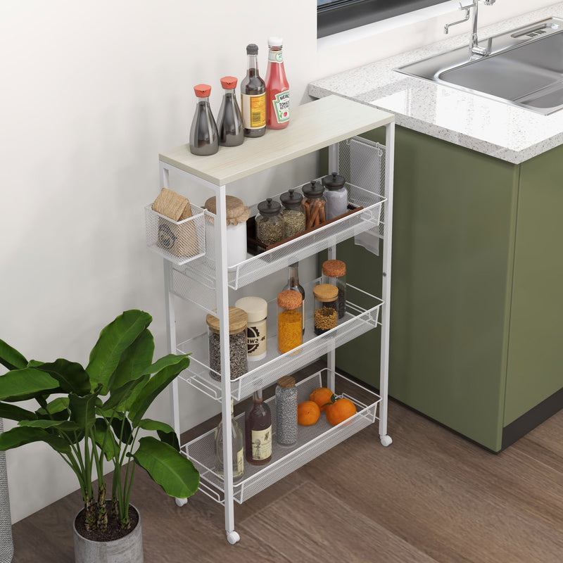3 Tier Kitchen Trolley with Steel Wire Storage Baskets Ideal for Food Prep White AOSOM