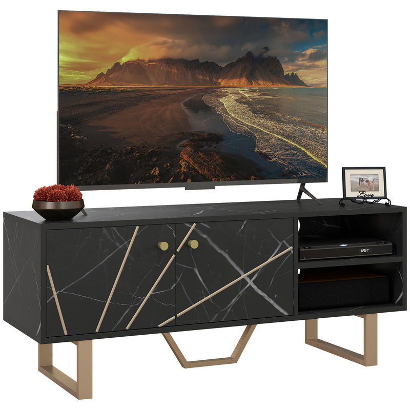 TV Stand Unit for TVs up to 50 Inches with Storage Shelves and Cupboard Black Marble Tone