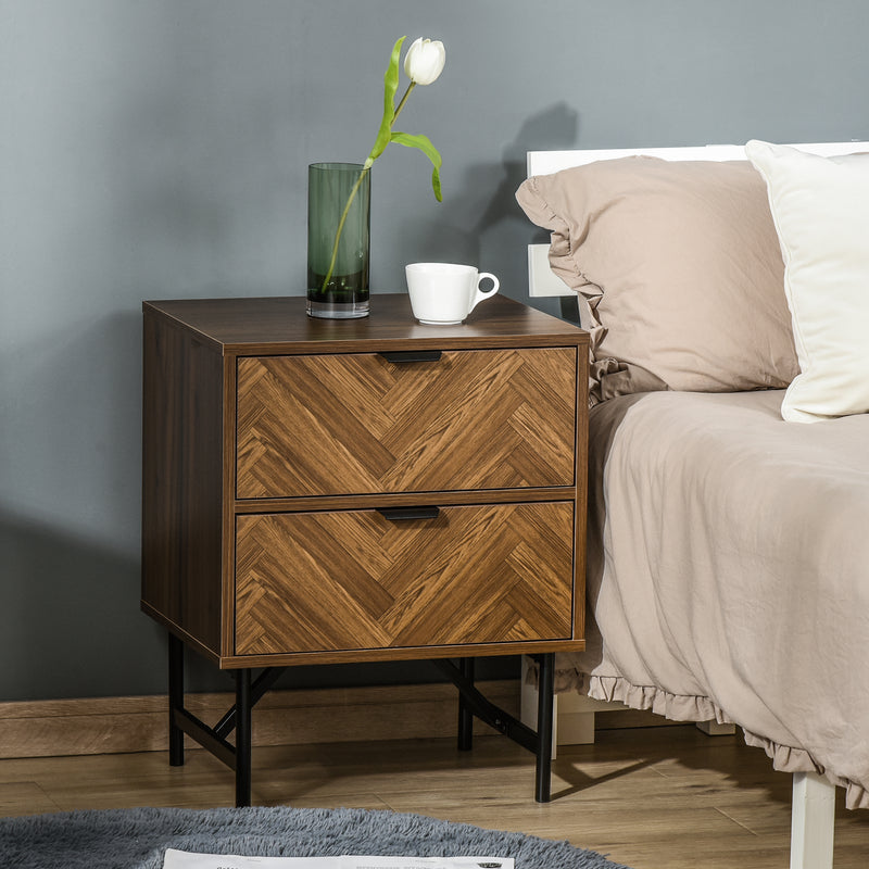 Set of 2 Modern Bedside Tables with Drawers and Metal Legs for Bedroom Walnut Brown