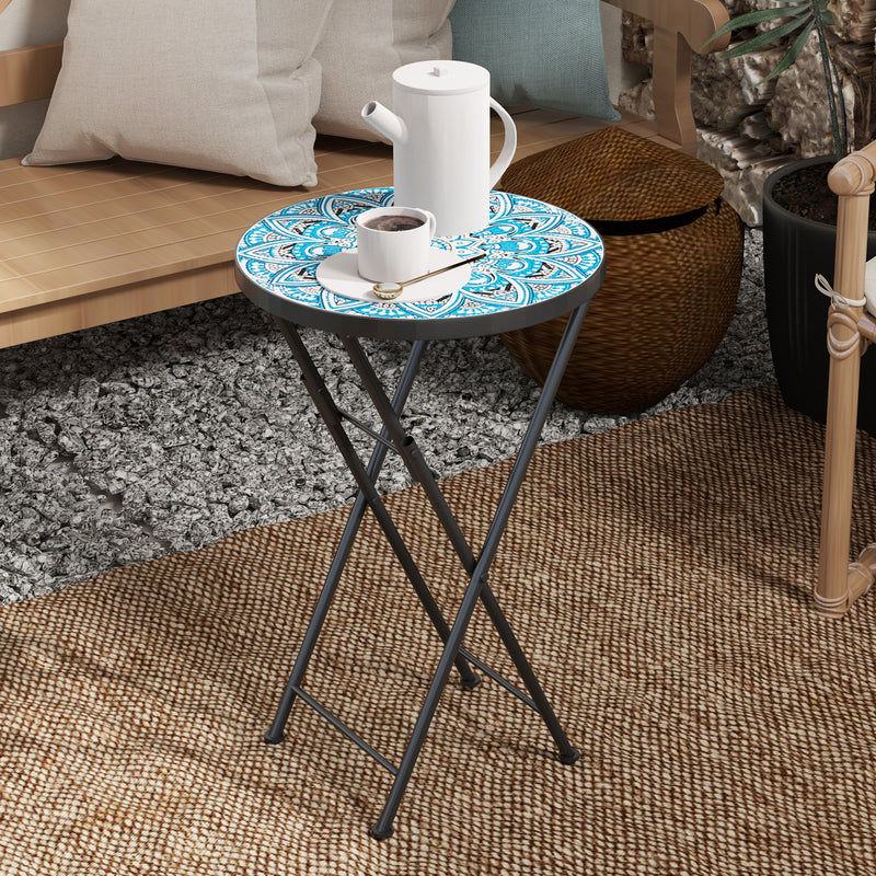 Blue Round Mosaic Garden Side Table 35.5cm Folding Metal Frame for Balcony or Patio