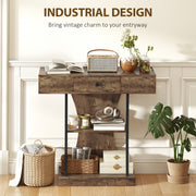 Industrial 3 Tier Console Table with Drawer and Storage Shelves for Hallway Rustic Brown AOSOM