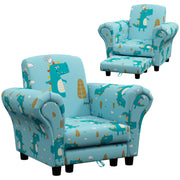 2 Piece Kids Sofa Chair Set with Dinosaur Design and Wooden Frame for Toddlers, Blue
