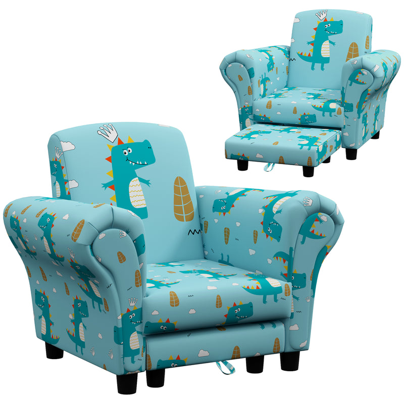 2 Piece Kids Sofa Chair Set with Dinosaur Design and Wooden Frame for Toddlers, Blue