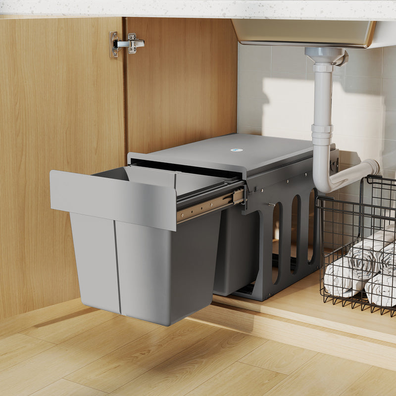 Pull Out Under Sink Bin With 2 Removable 15L Compartments For 400mm Cabinets Light Grey