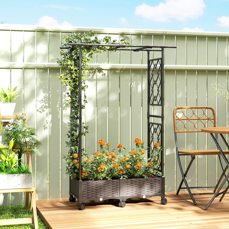 Raised Garden Planter with Trellis Arch and Wheels for Climbing Plants and Easy Movement, Black Outsunny
