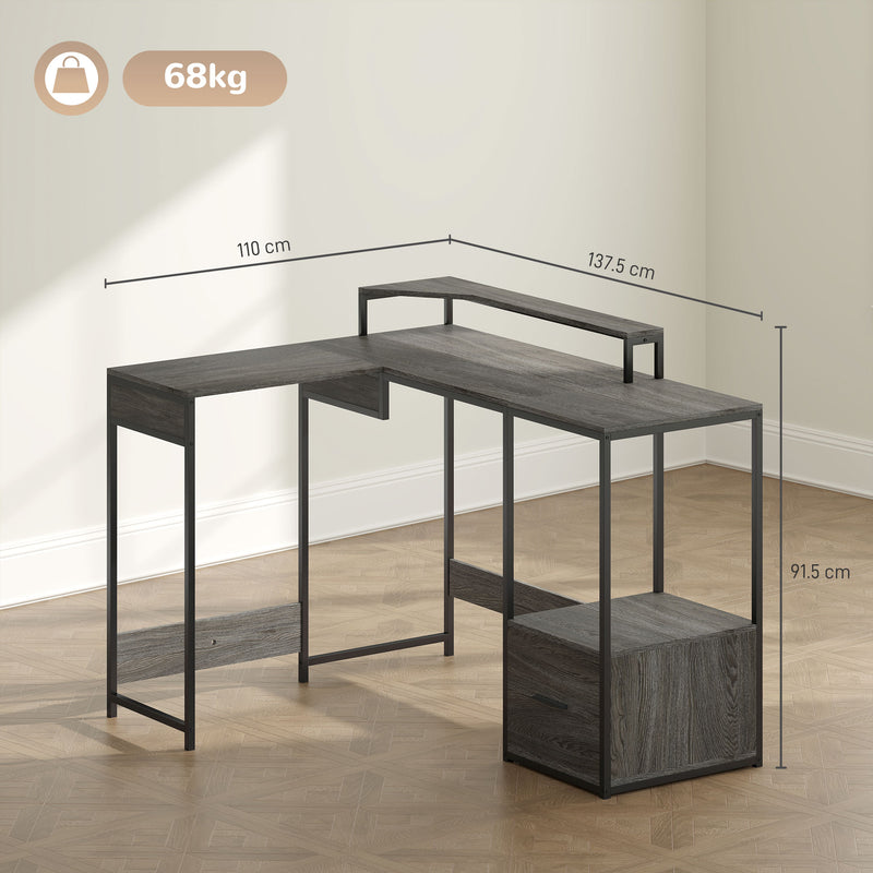 L Shaped Industrial Multi Work Desk For Home Office Charcoal Grey by HOMCOM