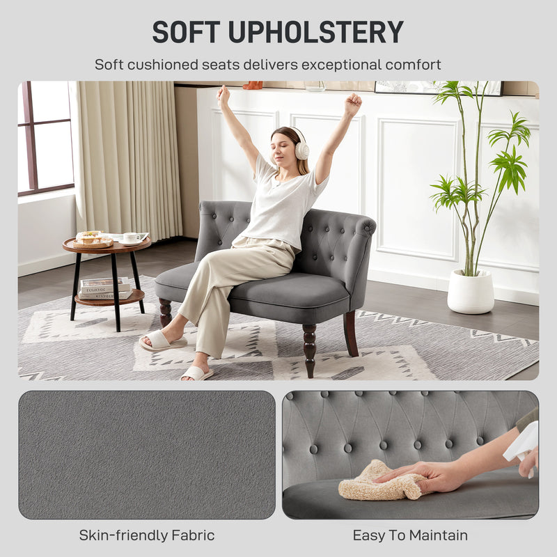 Charcoal Grey Velvet 2 Seater Wingback Sofa with Tufted Backrest and Wood Legs for Living Room