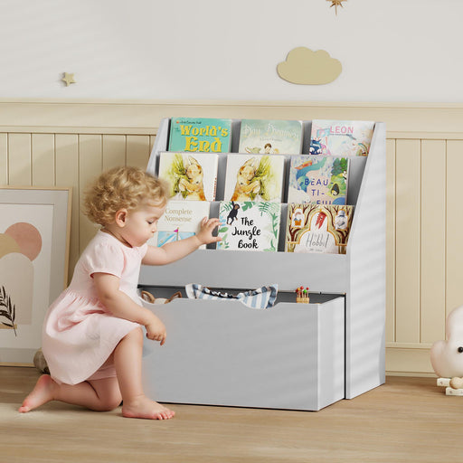 Kids Bookcase with Shelves and Drawer for Bedroom or Playroom Storage Grey