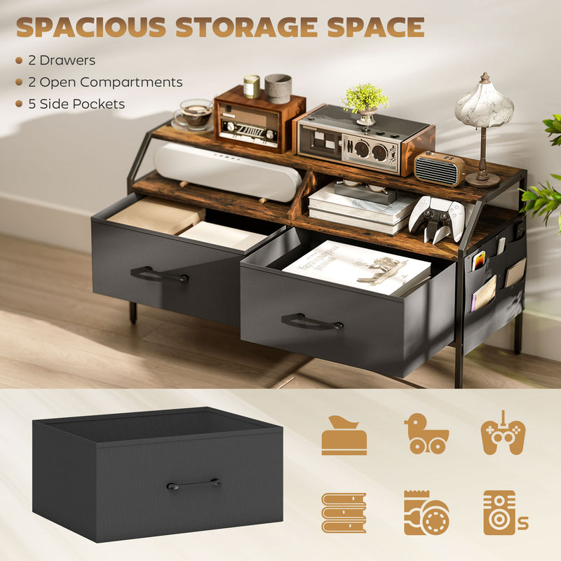 Wooden TV Stand Cabinet With Foldable Drawers And Side Pockets For 55 Inch TVs, Rustic Brown