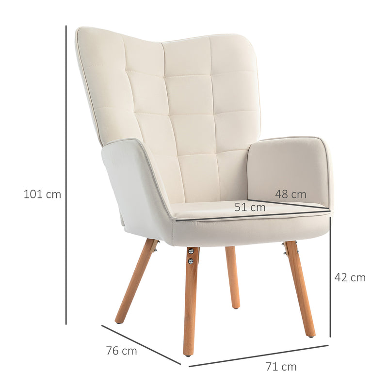 Set of 2 Velvet Wingback Armchairs with Wood Legs for Lounge or Living Room Cream White AOSOM