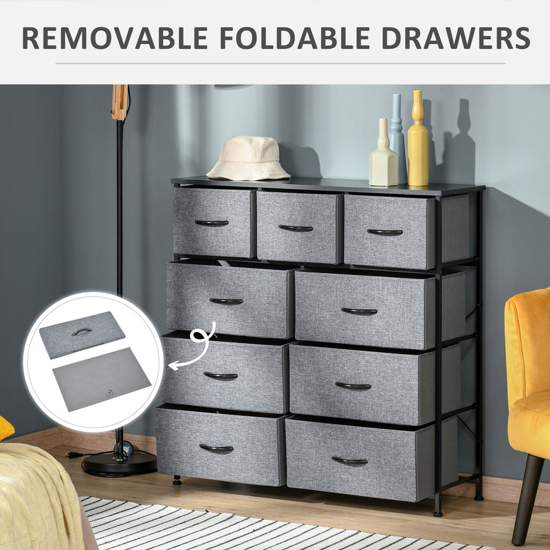 Nine Drawer Storage Dresser With Fabric Bins For Bedroom or Living Room, Grey