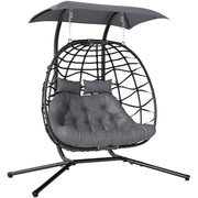 Black Rattan Double Hanging Egg Chair With Canopy and Cushions for Garden by Outsunny