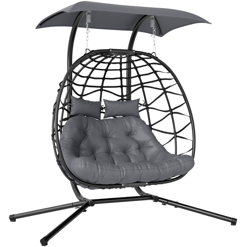 Black Rattan Double Hanging Egg Chair With Canopy and Cushions for Garden by Outsunny