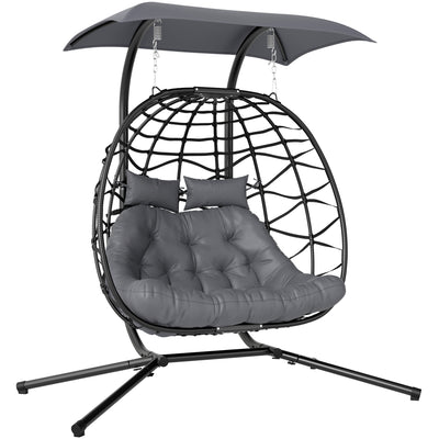 Black Rattan Double Hanging Egg Chair With Canopy and Cushions for Garden by Outsunny