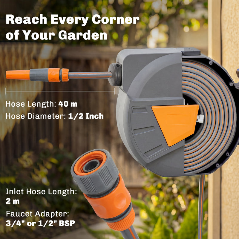 Retractable Garden Hose Reel With 40m Tangle Free Hose for Easy Watering and Cleaning Orange Outsunny