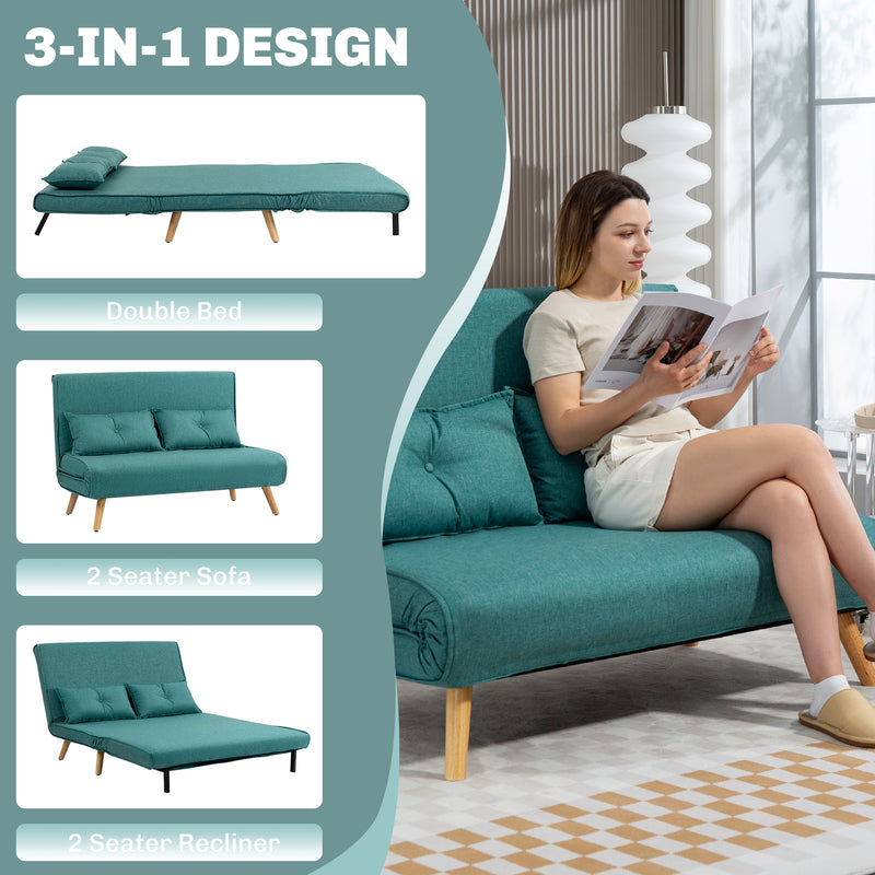 Two Seater Sofa Bed with Linen Look Upholstery Ideal for Guest Rooms or Lounges Green