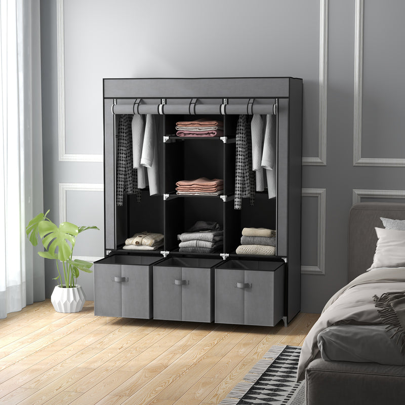Portable Fabric Wardrobe with Shelves and Hanging Rails for Bedroom Storage Dark Grey