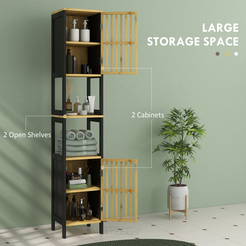 Tall Bathroom Storage Cabinet With Shelves And Cut Out Design For Towels