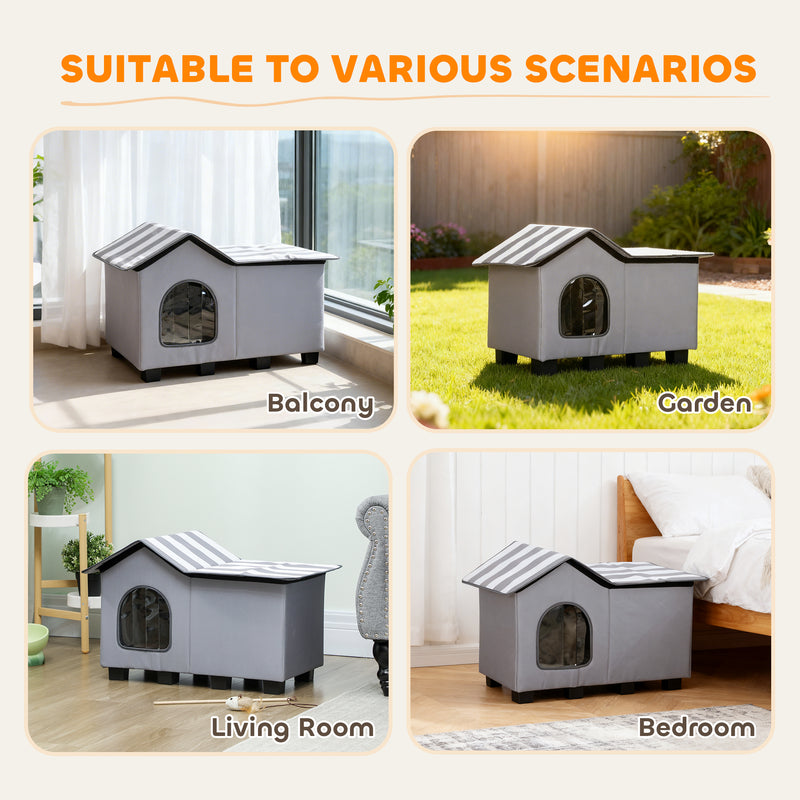 Weatherproof Outdoor Cat House with Elevated Base and Cushion for Winter Comfort Grey