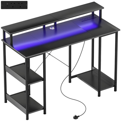 LED Computer Desk with Power Outlets and Storage Shelves Ideal for Home Office, Grey