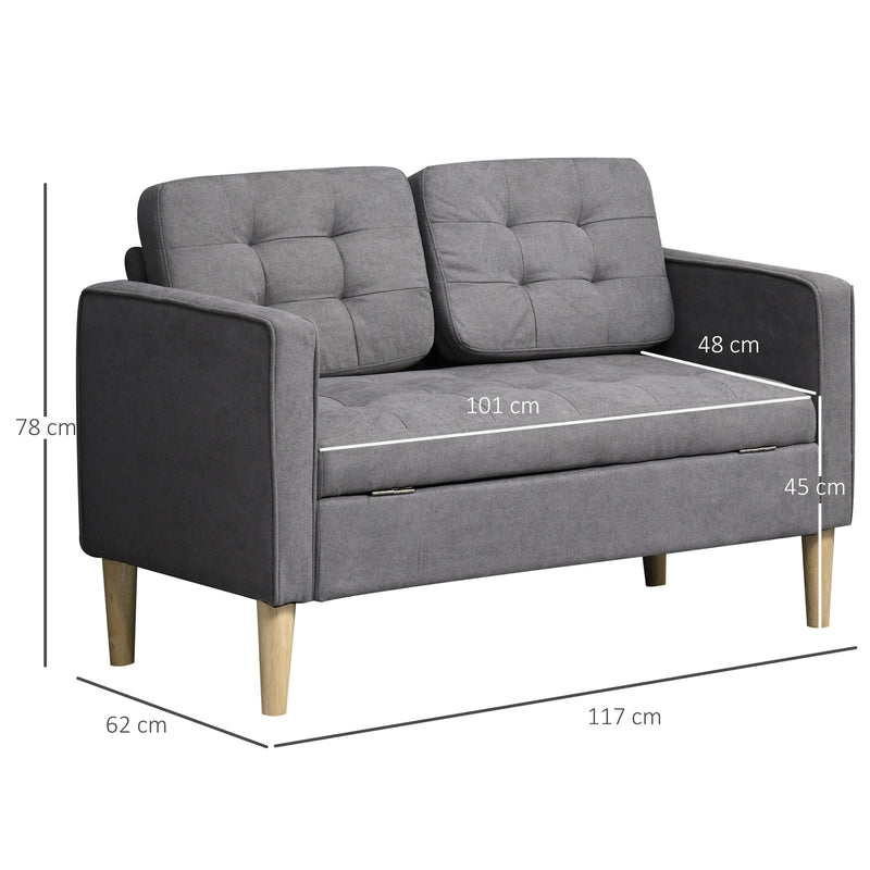 2 Seater Sofa with Hidden Storage and Wood Legs Ideal for Small Living Rooms Grey