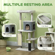 Light Grey 132cm Cat Tree with Scratching Posts Bed House Jumping Platform and Grooming Brush by PawHut