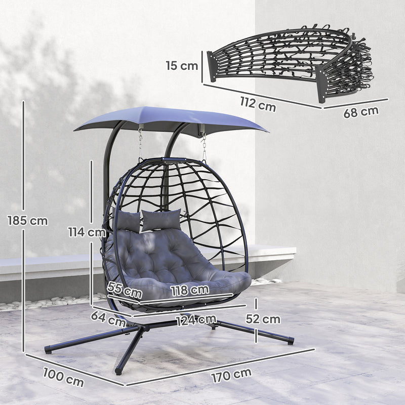 Black Rattan Double Hanging Egg Chair With Canopy and Cushions for Garden by Outsunny